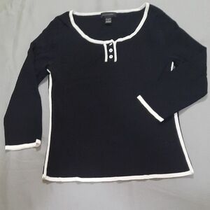 Pointelle's Chic Black Long Sleeve Top with White Accents - Size M